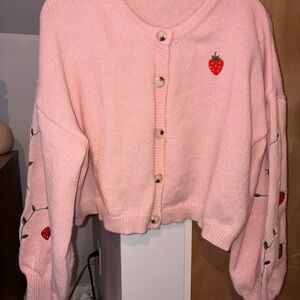 Pink Strawberry Embroidered Women's Sweater